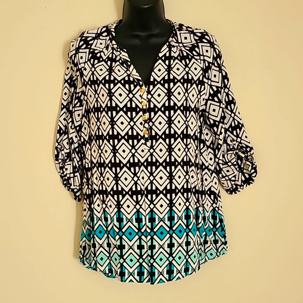 - Kaari Blue Geo Print Blouse Size Small
